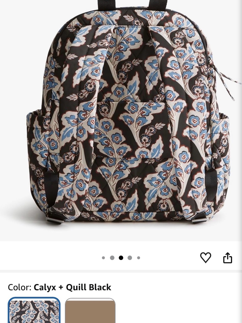 Vera Bradley Black Quilted Backpack with Blue and Cream Floral Print - Picture 5 of 8